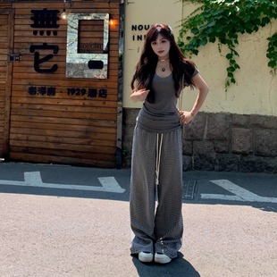 罗诚意【艺高学姐】夏季慵懒黑白格直筒休闲裤女宽松显瘦阔腿长裤