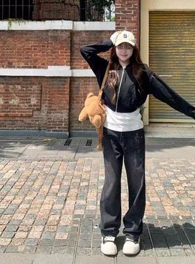 罗诚意【梨形闭眼入神裤】高腰水洗黑灰直筒牛仔裤女宽松显瘦长裤