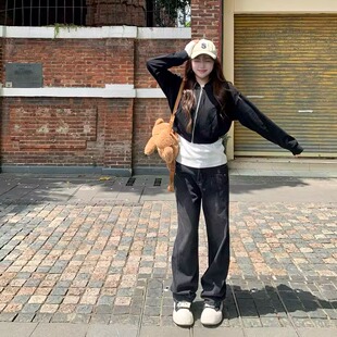 罗诚意【梨形闭眼入神裤】高腰水洗黑灰直筒牛仔裤女宽松显瘦长裤