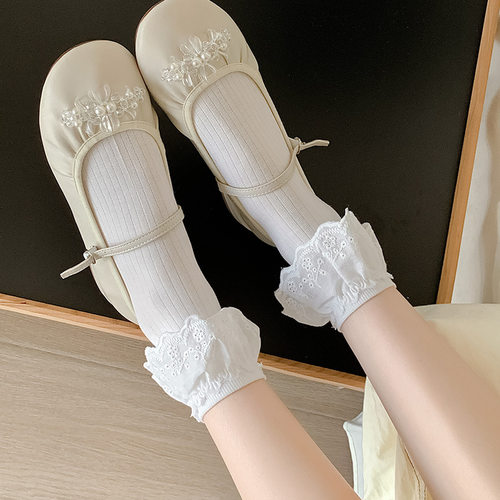 春夏miu风甜美蕾丝小白短筒袜女
