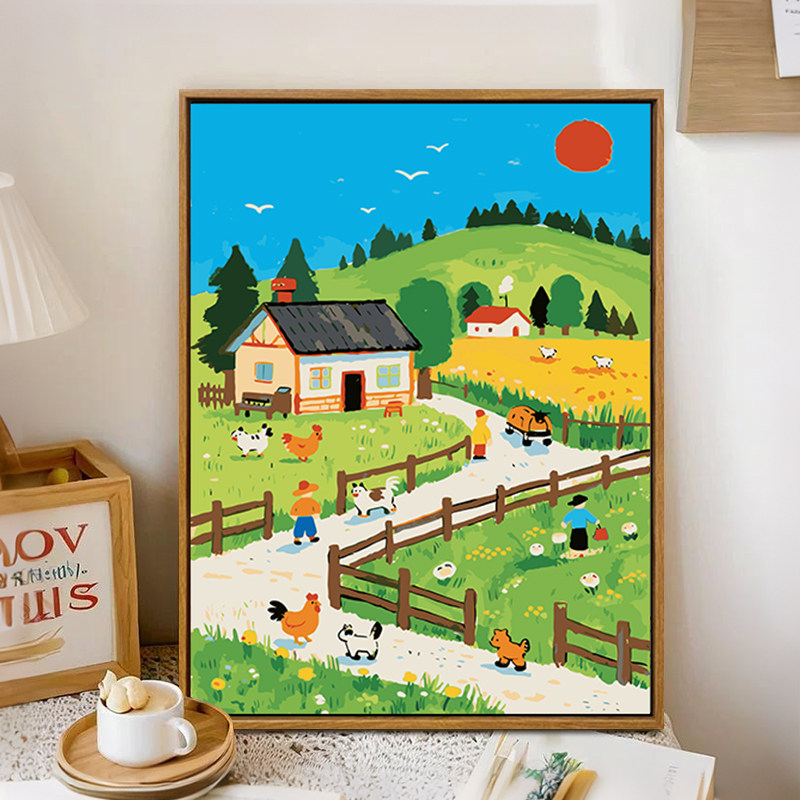 田园风光数字油画diy填充涂色手工绘治愈风景丙烯油彩画装饰挂画