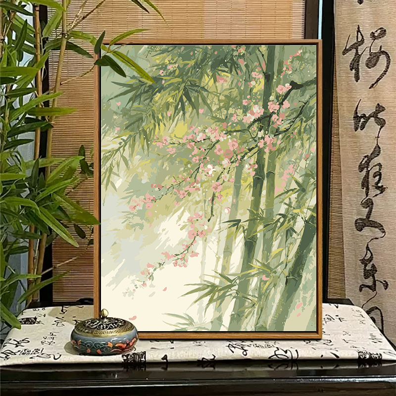 中国风竹子数字油画diy填充填色手工绘竹报平安丙烯油彩画装饰画图片