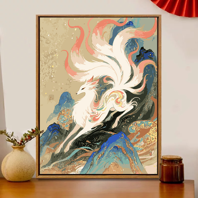 敦煌瑞兽中国风数字油画diy填充填色手工绘九尾狐凤凰丙烯装饰画图片