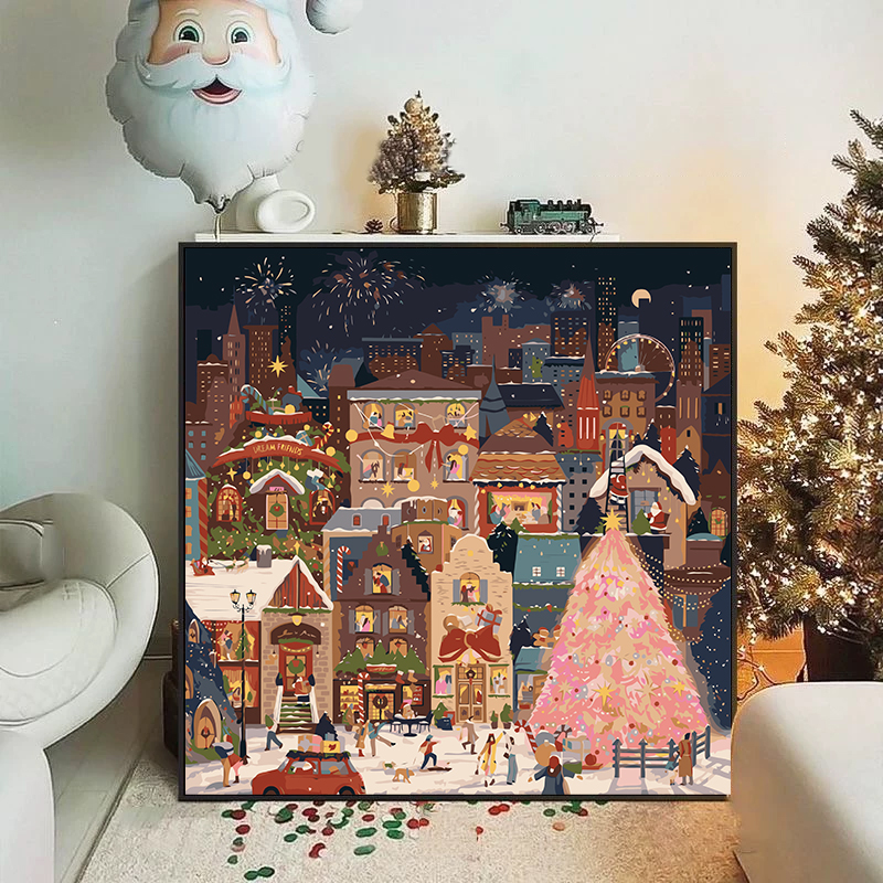 唯美圣诞小镇diy数字油画装饰画