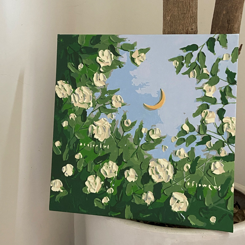 白玫瑰山茶花diy数字油画唯美治愈花卉风景手工填色手绘装饰挂画