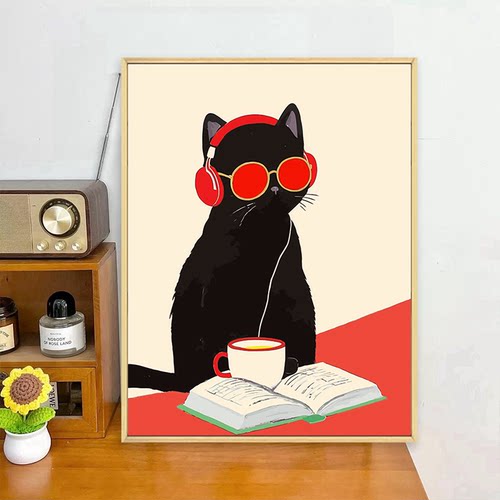 黑猫diy数字油画丙烯画装饰画