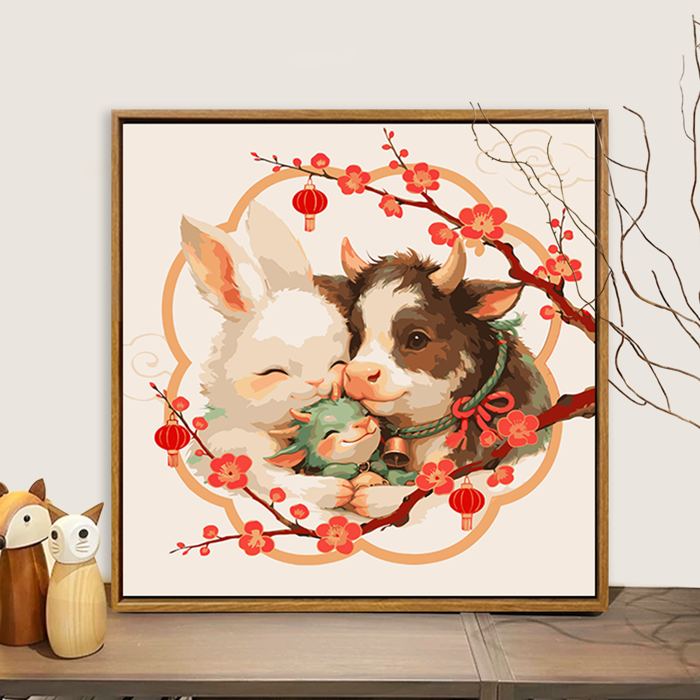 生肖全家福抱抱数字油画diy填充涂色手工绘国风丙烯油彩装饰挂画