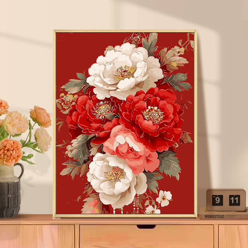 国色芳华牡丹数字油画diy填充填色手工绘新年芍药花卉丙烯装饰画图片