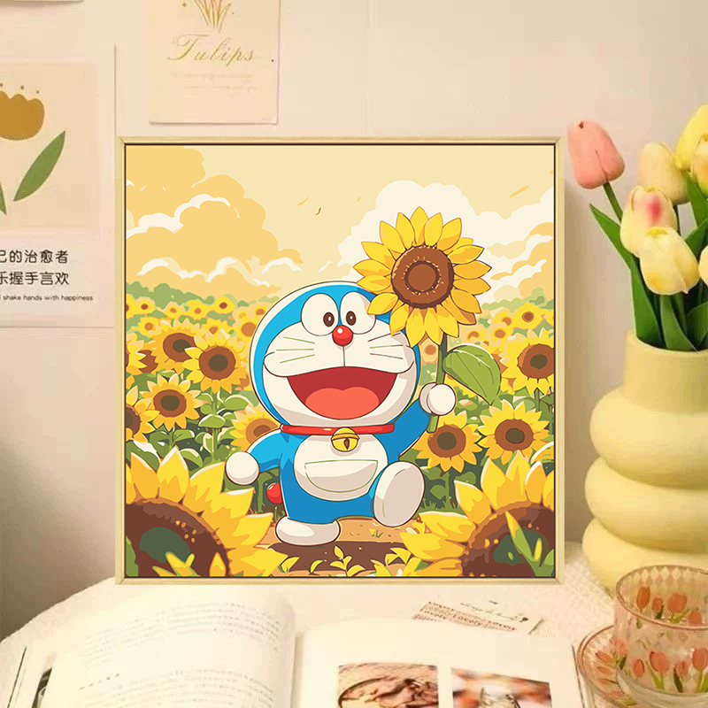 哆啦a梦数字油画diy填充填色手工绘向日葵卡通丙烯油彩画装饰挂画图片