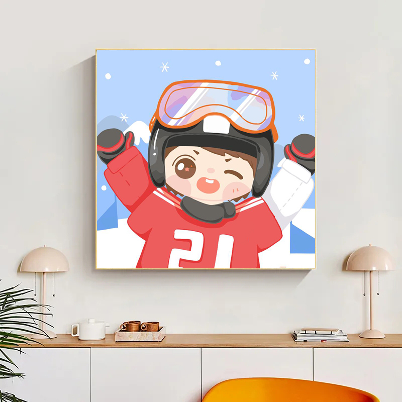 diy数字油画冬天滑雪可爱卡通动漫人物手工填色手绘丙烯画装饰画