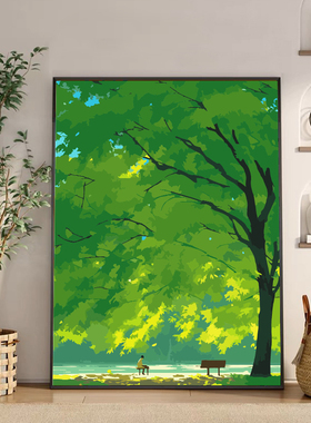 治愈系森系绿色风景数字油画diy填充填色手工绘丙烯油彩画装饰画