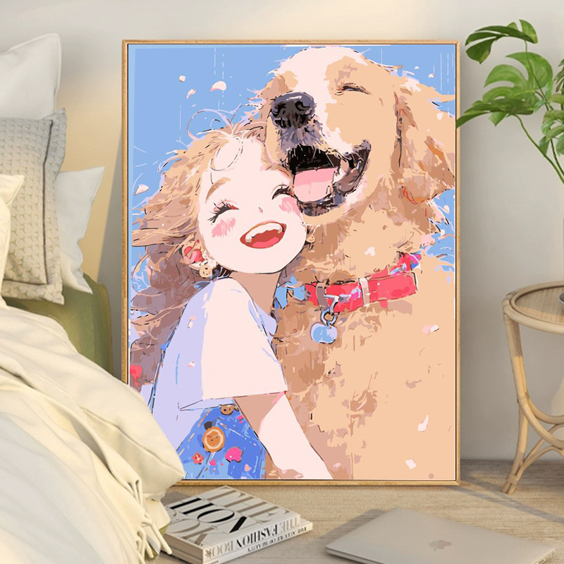 女孩和狗狗数字油画diy填充填色手工绘卡通金毛丙烯油彩画装饰画,家居饰品,DIY/数字油画,淘宝优惠券,粉丝福利购,淘宝优惠卷