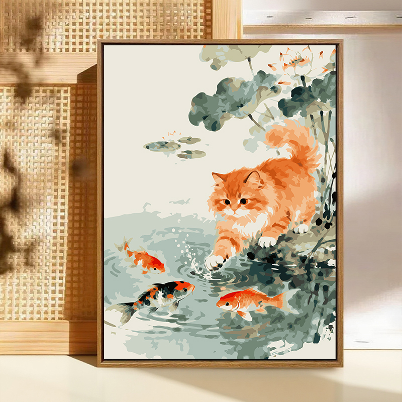 柿柿如意小猫咪数字油画diy填充填色手工绘荷花丙烯油彩画装饰画图片
