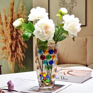 法兰晶轻奢人工手绘孔雀彩绘图案玻璃花瓶插花水培家用客厅摆件