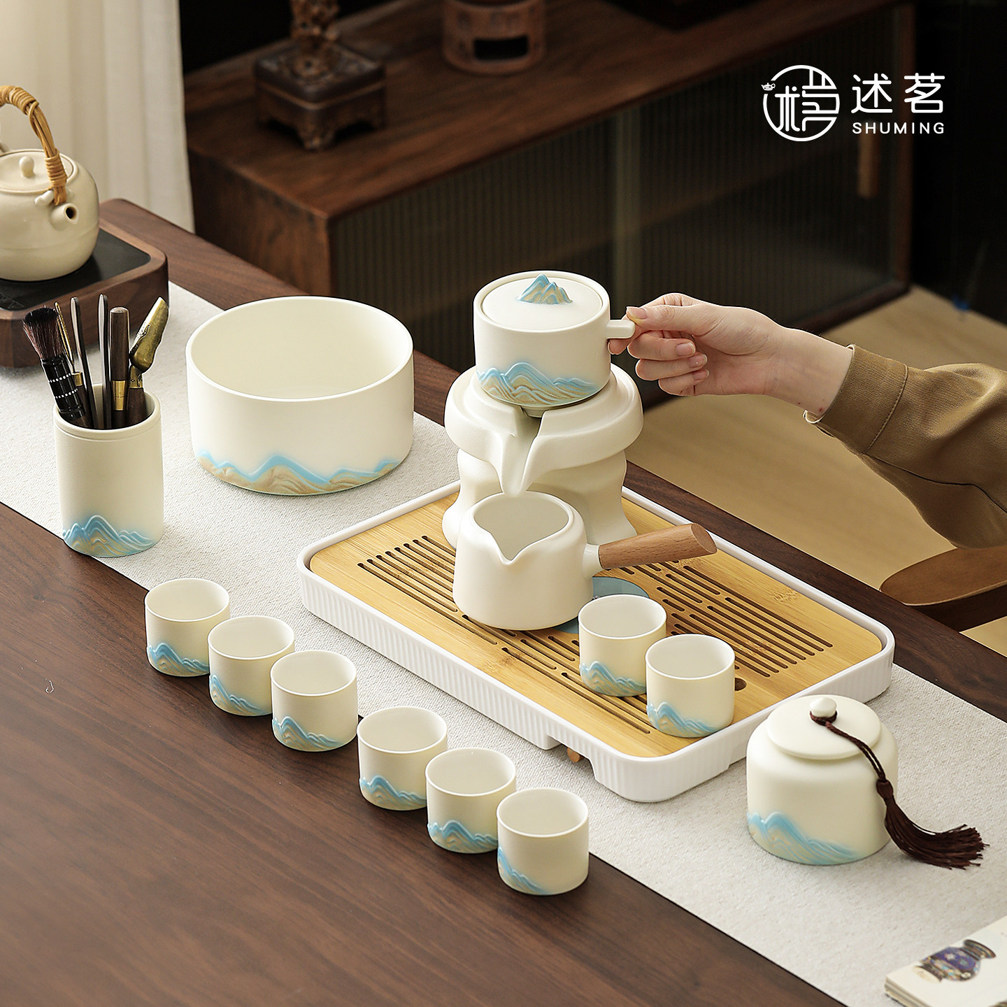 米黄懒人泡茶器办公室自动茶具套装高档轻奢陶瓷整套茶具泡茶专用