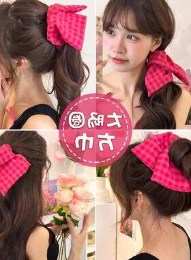 2024新款火龙果方形大肠发圈大头绳方巾女高级感韩系格子头饰发绳