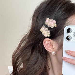 可爱果冻色小熊耳边发卡女士前额刘海侧边发夹高级感鸭嘴夹头饰