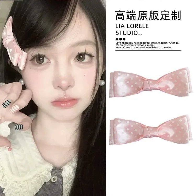 法式洋气粉色波点双层蝴蝶结发夹甜美高级感爆款丸子头发卡发饰女