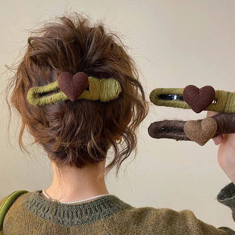 卡通甜美爱心毛线一字鸭嘴夹简约百搭气质优雅ins风盘发头饰