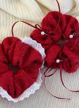 可拉红新年蕾丝花边喜庆红色头花发圈大肠女安发绳高级头绳发饰女