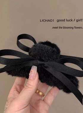 轻奢毛绒可爱抓夹秋冬新款ins风简约ins韩国白色蝴蝶结发抓发饰女
