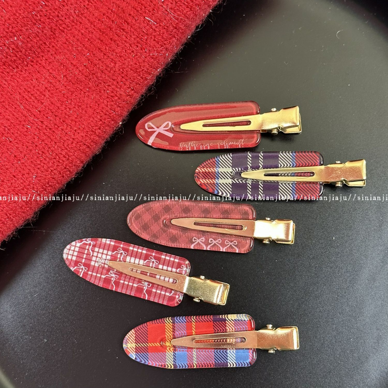 复古新年红格纹无痕发夹蝴蝶结刘海鸭夹少女甜美发饰圣诞头饰韩版