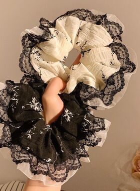 国风禅意碎花蕾丝黑色大肠发圈女高级感复古新中式大发绳发饰头饰