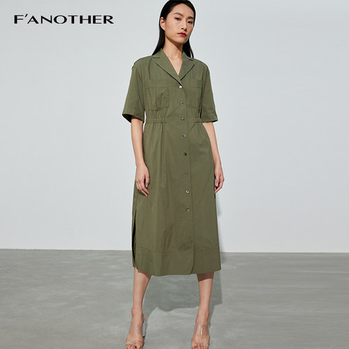 F'another棉翻领松收腰短袖衬衫款侧开叉长款连衣裙v领紧