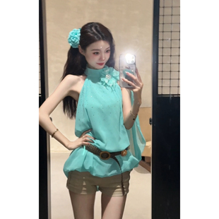 上衣 挂脖上衣女高级感名媛千金重工烫钻花朵无袖 Seven 七分糖