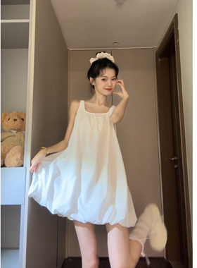 Seven 七分糖纯色白色花苞背心裙女新款宽松连衣裙休闲小众裙子