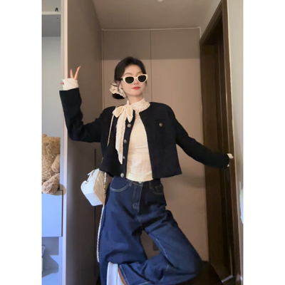 七分糖贵气千金秋冬蕾丝蝴蝶结打底衫小香风外套牛仔阔腿裤套装