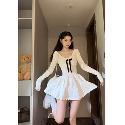 Seven 七分糖法式千金感v领长袖针织连衣裙女秋收腰裙子修身短裙