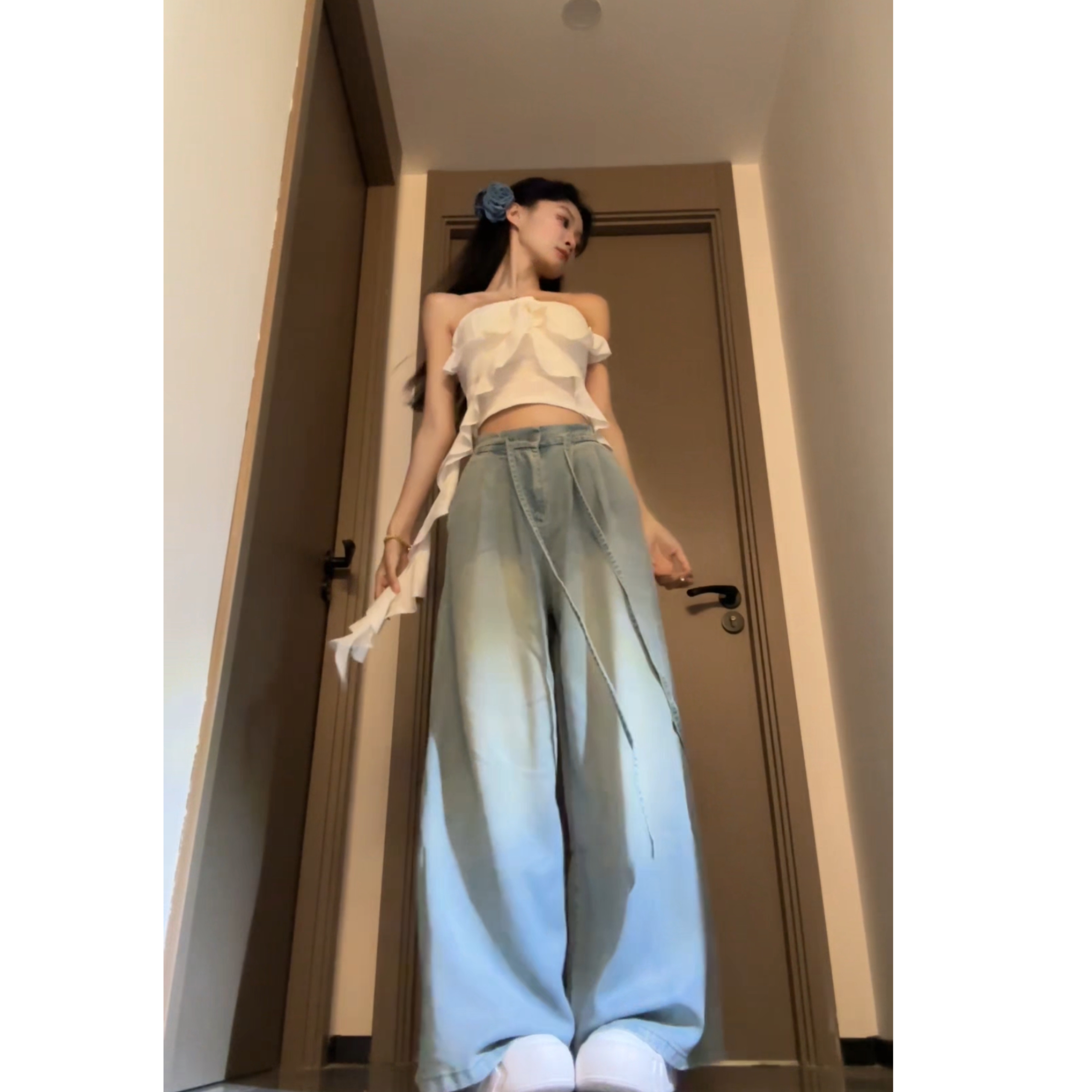 Seven七分糖荷葉邊花朵無袖抹胸女夏純欲上衣高腰牛仔闊腿褲套裝