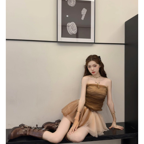 Seven 七分糖法式复古设计感网纱抹胸拼色蓬蓬半身裙两件套女