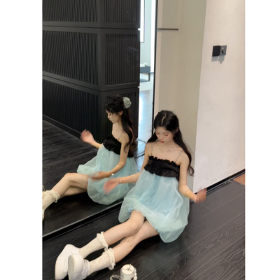 Seven 七分糖欧若风法式甜美抹胸链条蝴蝶结吊带连衣裙女花苞裙