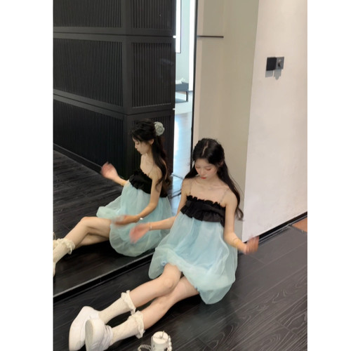 Seven 七分糖欧若风法式甜美抹胸链条蝴蝶结吊带连衣裙女花苞裙