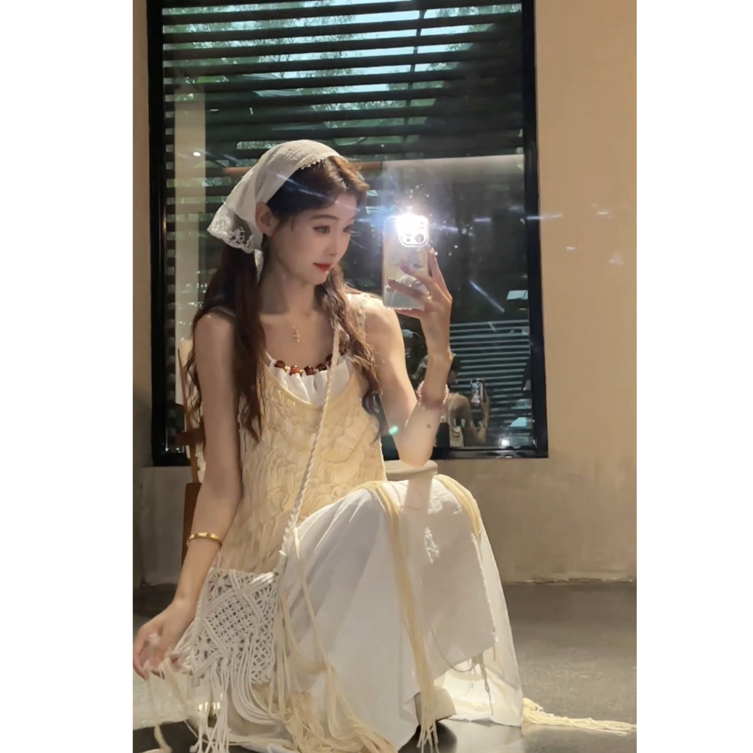 Seven 七分糖镂空流苏罩衫串珠吊带连衣裙女海边度假风叠穿两件套