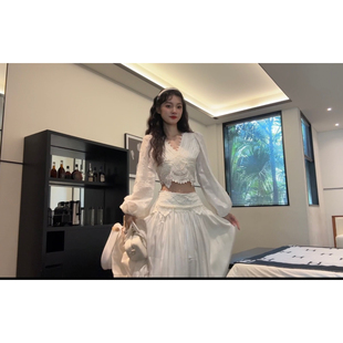 Seven 七分糖 花边收腰长袖衬衫女早秋高腰半身裙大摆裙两件套