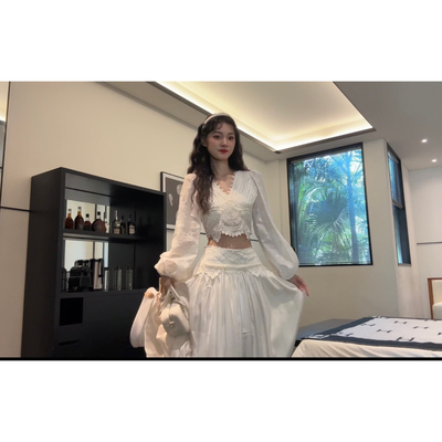 Seven 七分糖 花边收腰长袖衬衫女早秋高腰半身裙大摆裙两件套