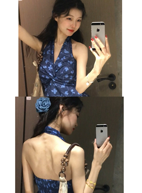 Seven 七分糖设计感复古挂脖背心吊带女夏露背小众扭结别致上衣