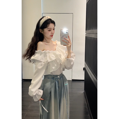 Seven 七分糖法式荷叶边一字肩长袖衬衫女设计感小众短上衣