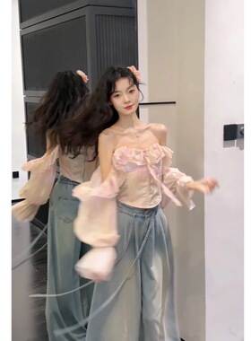 Seven 七分糖一字肩荷叶边长袖抹胸衬衫女秋鱼骨收腰纯欲粉色上衣