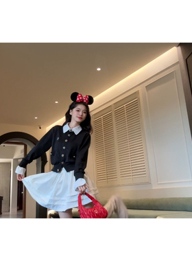 Seven 七分糖撞色拼接假两件针织开衫毛衣外套木耳边百褶裙套装