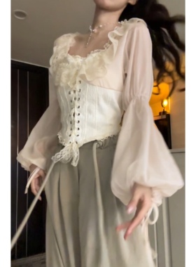 Seven 七分糖 法式氛围感灯笼袖衬衫收腰衬衣纯欲蕾丝雪纺上衣