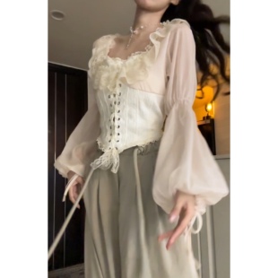 衬衫 Seven 氛围感灯笼袖 法式 收腰衬衣纯欲蕾丝雪纺上衣 七分糖