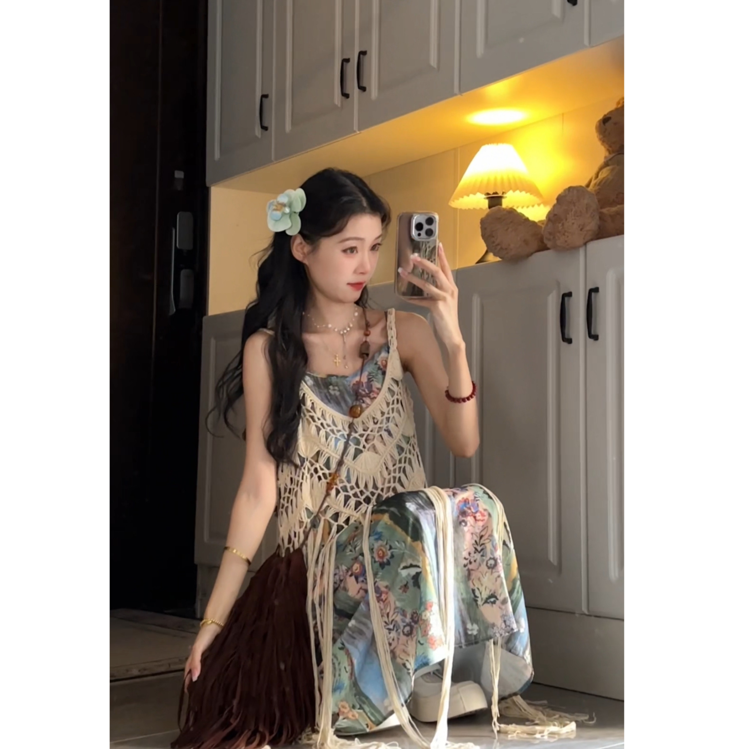 Seven 七分糖波西亚米度假风女夏新款吊带连衣裙镂空编织流苏背心