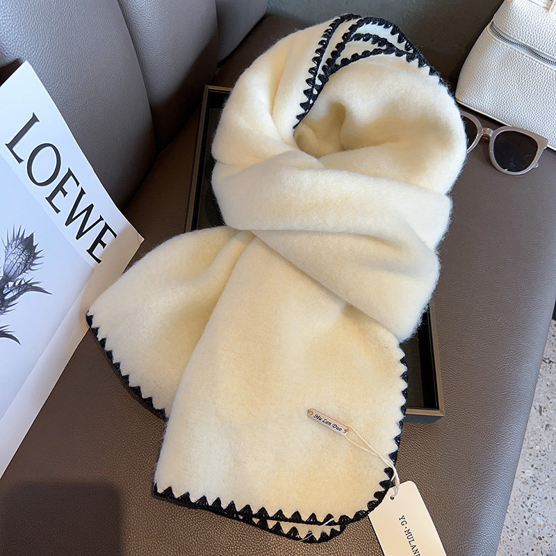 月光白网红同款锁边含羊毛纯色围巾女韩系氛围感秋冬加厚保暖围脖