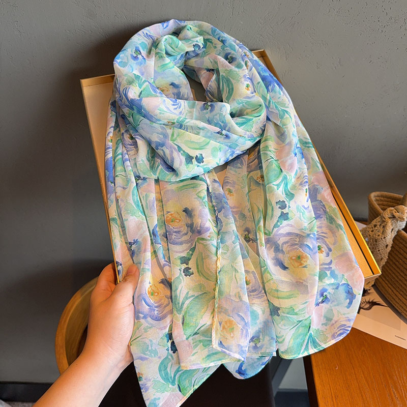 妖姬蓝玫瑰棉麻围巾靓丽百搭薄款