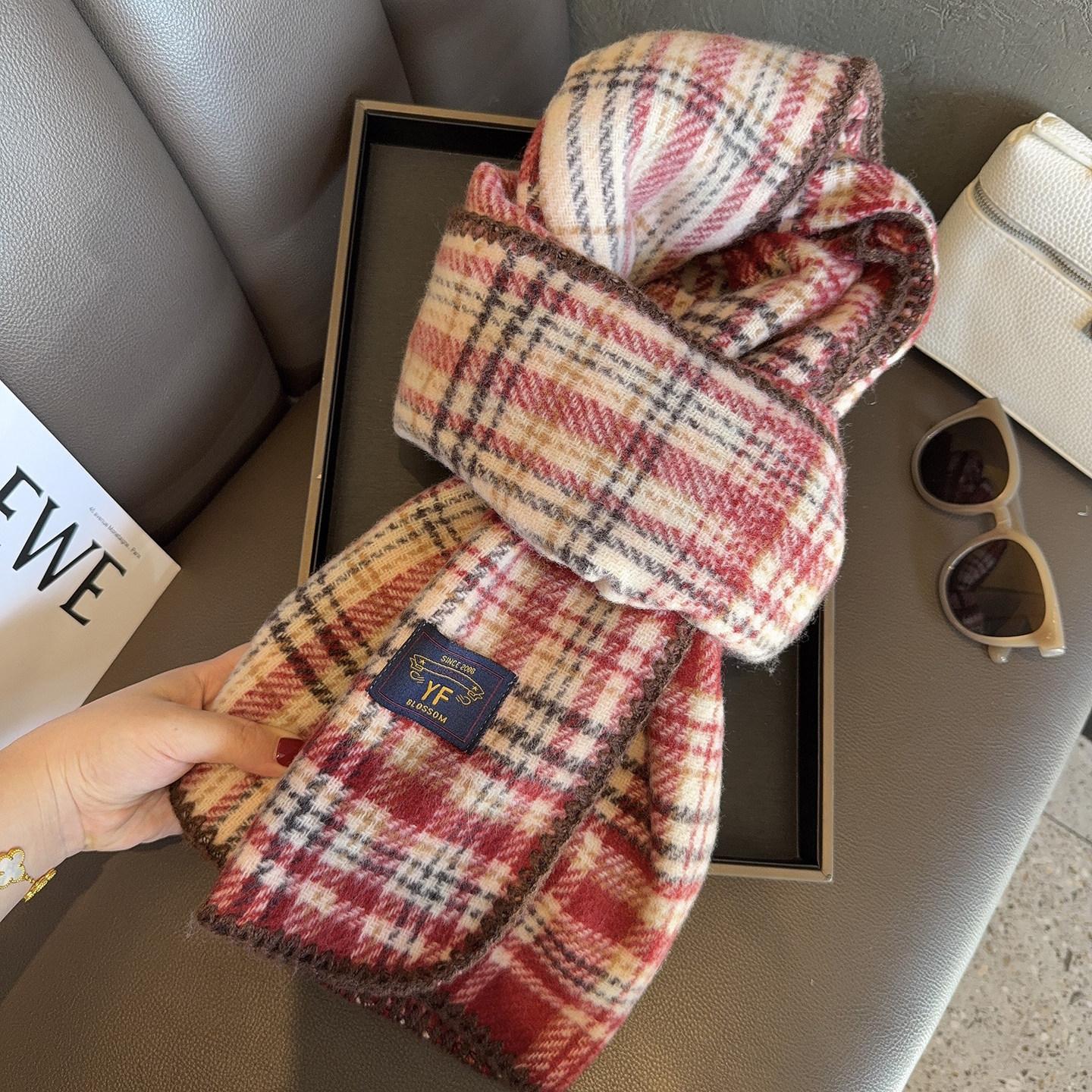 英伦风双面渐变格子围巾女韩系冬