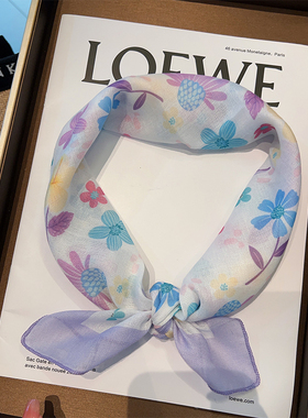 梦幻紫色花丝巾女58棉麻小方巾春夏薄款旅游防晒包头巾装饰领巾潮